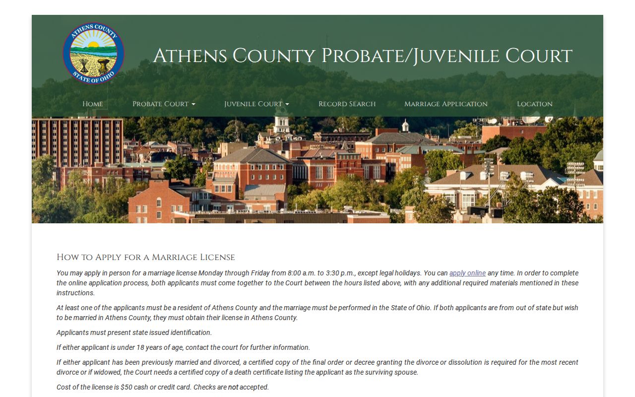 Athens previous residents Probate Court marriage record instructions