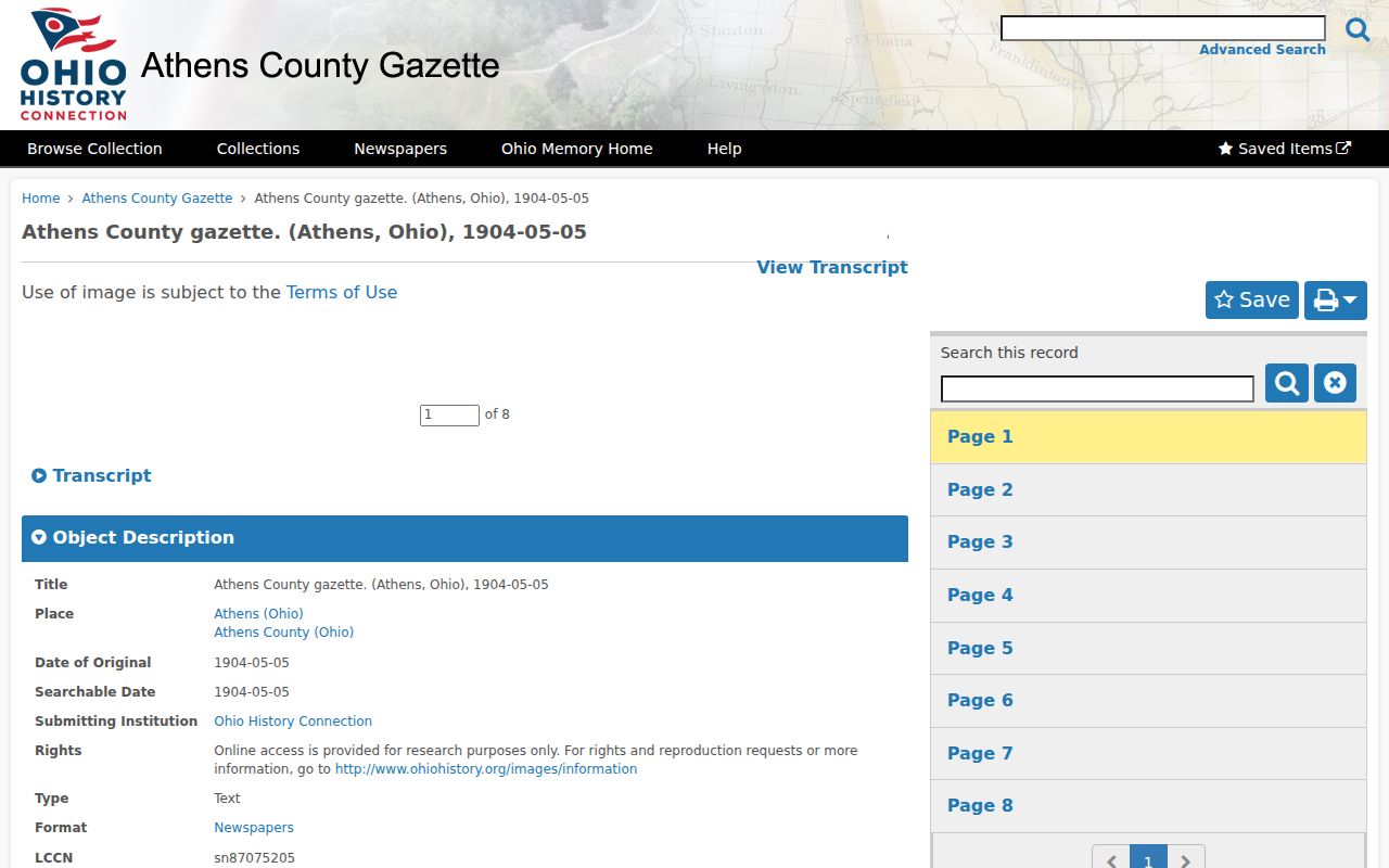 Athens ZIP Code directory reference to an Ohio Memory Athens chronology source
